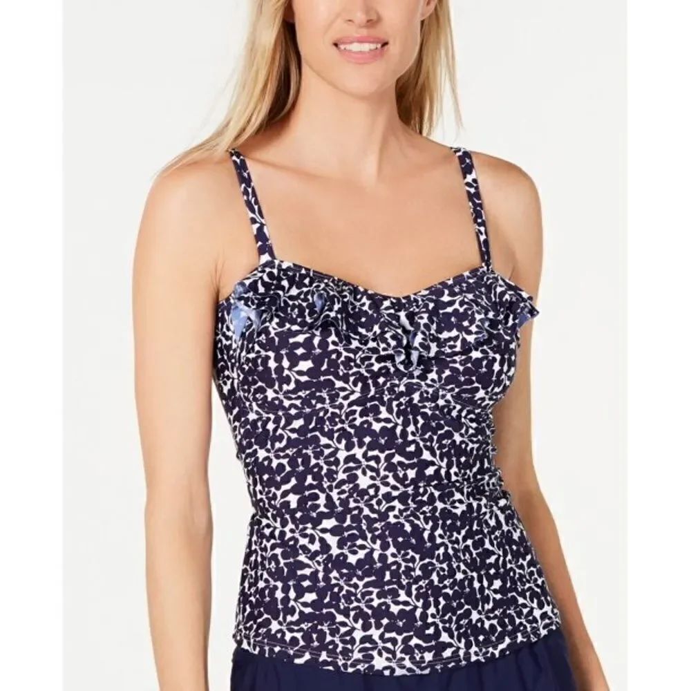 Island Escape Navy Bella Floral Tahiti Tankini Swim Top Size 8 NWT